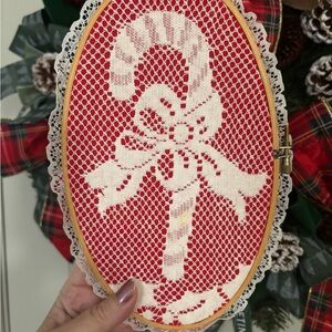 Vintage Christmas Red Wt Lace Candy Cane Embroidery Hoop Home Decor Final Sale